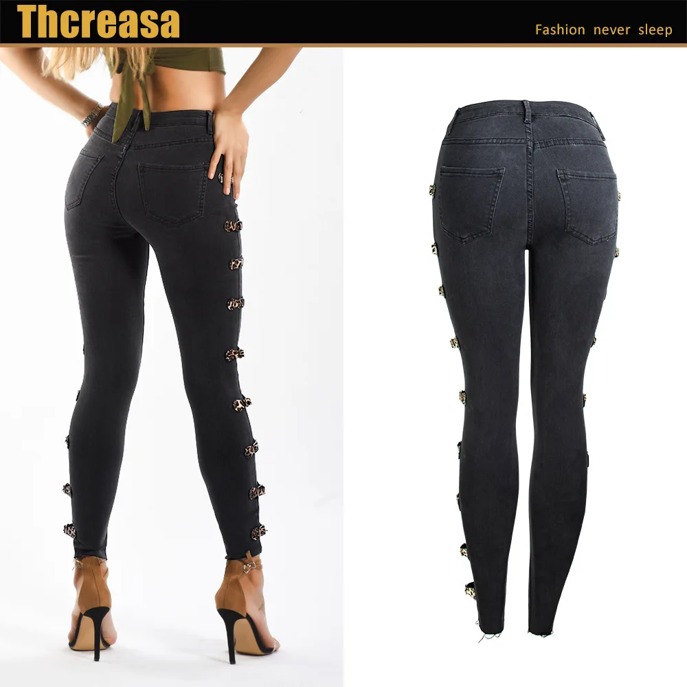 Женские джинсовые брюки карандаш узкие с боковой пряжкой в европейском и