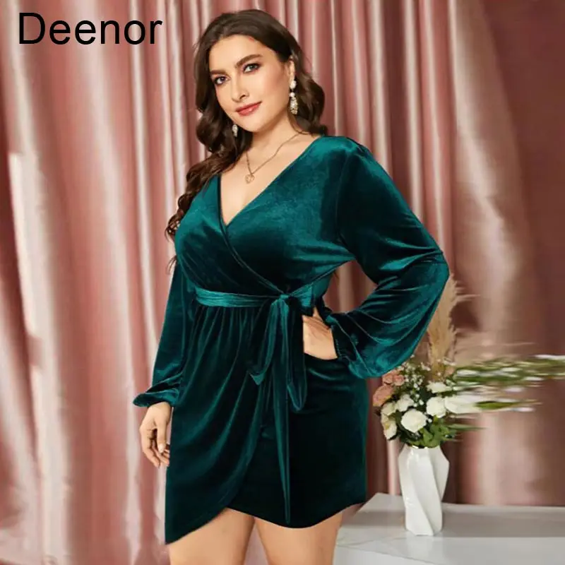 Deenor Plus Size Dress Sexy Midi Dresses Temperament V-neck Large Swing Bandage Dress Velvet Sexy Evening Dress