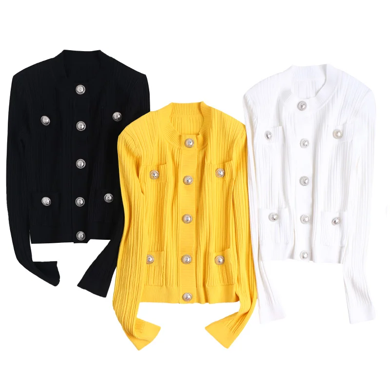 

White/black/yellow knitted sweater for women fashion 2020 autumn winter casual o-neck long sleeve slim knit cardigan mujer