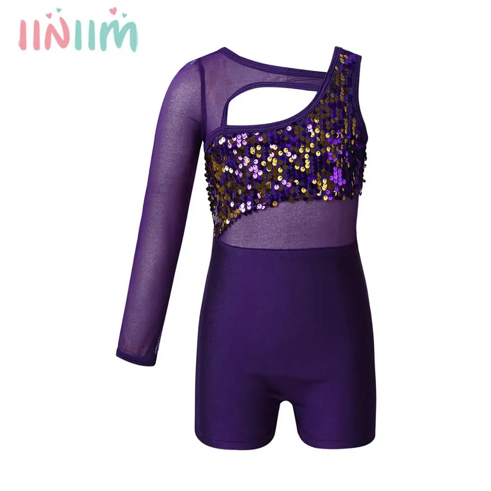 Детский танцевальный костюм iiniim для девочек с одним сетчатым рукавом и блестками