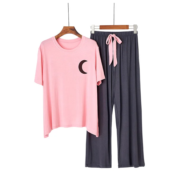 

Spring Summer Hot Sale Style Ladies Pajamas Hit Color Modal Pijama Feminino Short Sleeved Trousers Wide-leg Home Service Suit