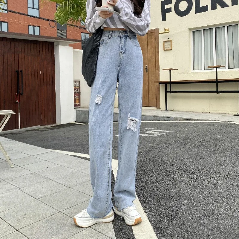 2021 новые летние светильник Синие рваные джинсы с высокой талией ретро широкие