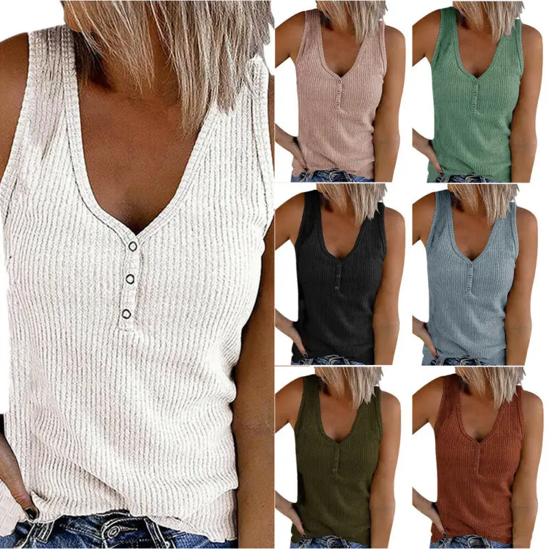 

Cami Vest Solid Color Women V Neck Slim Tank Tops Summer 2021 Sleeveless Casual Button Fashion Clothes for Ladies