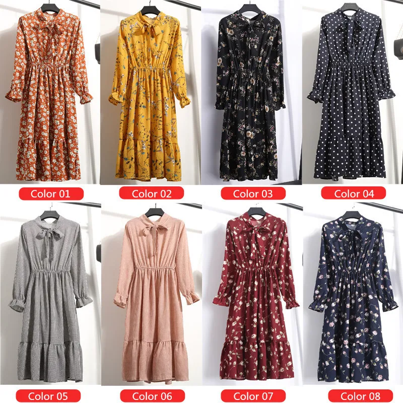 

Chiffon High Elastic Waist Party Dress Bow A-line Women Full Sleeve Flower Print Floral Bohemian Dress Female Vestido Plus Size