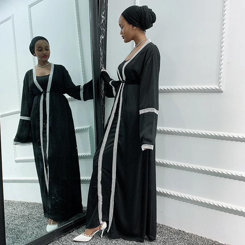 

Siskakia Cardigan Abaya Fashion Africa Middle East Turkey Women's Open Abaya Black White Lace Patchwork Muslim Islamic Clothes