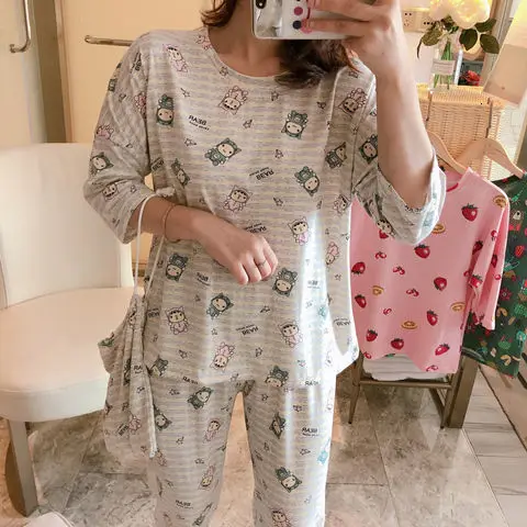 Pajamas suit Осенне-зимний пижамный комплект для женщин, полосатый хлопковый Длинный топ, длинные штаны, комплект из 2 предметов, пижамный комплект для женщин, милая одежда для сна, пижама для девочек - Color: Pajamas suit