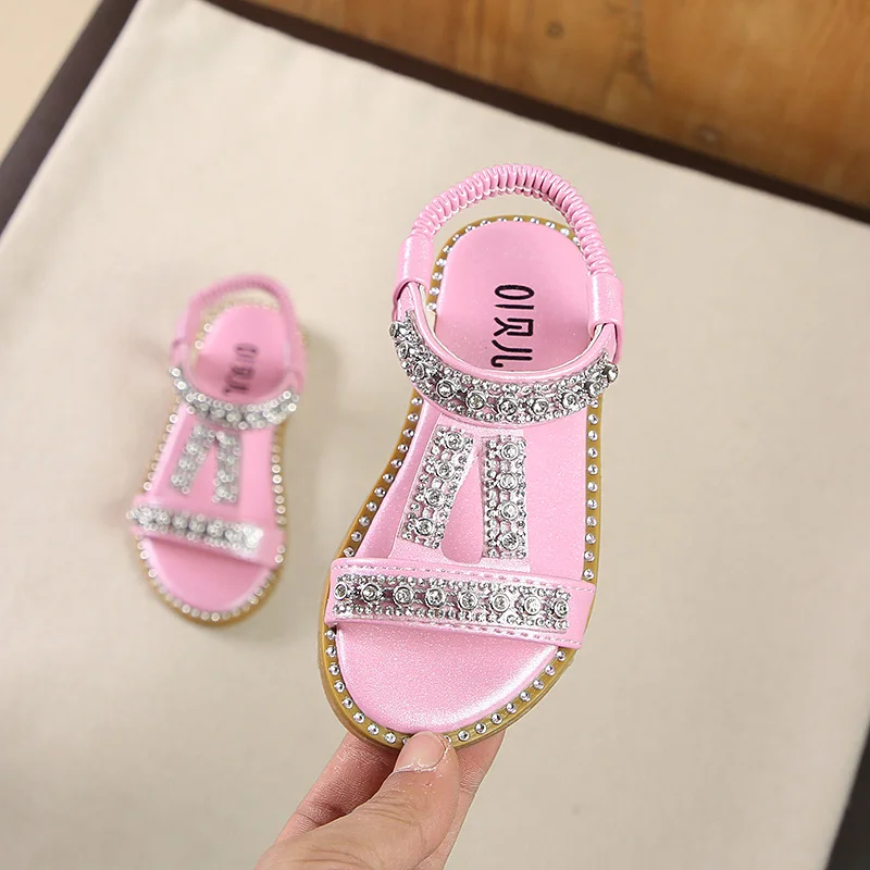 Детские сандалии с Стразы и жемчугом для девочек мягкие летние туфли на плоской