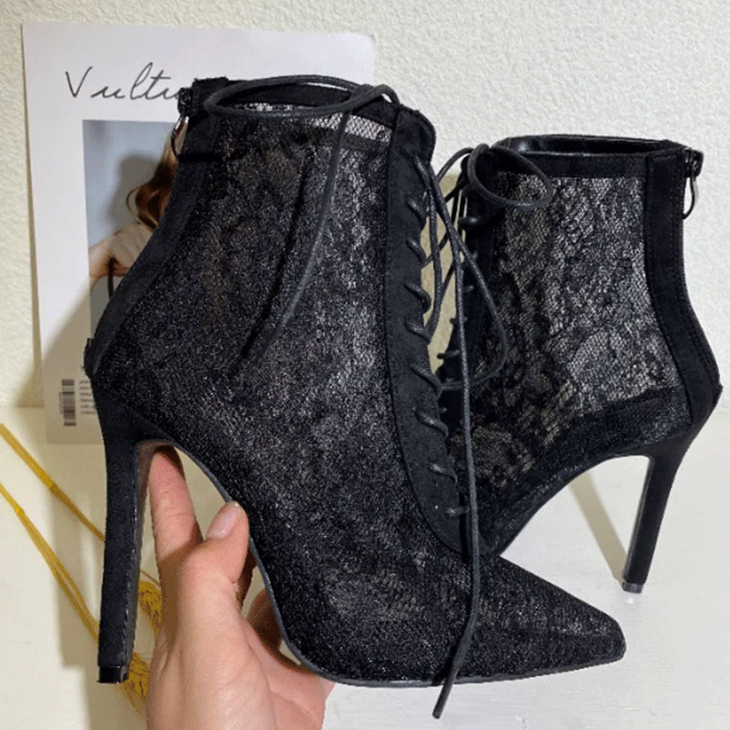 Women Sexy Lace Ankle Boots Ladies Pointed Toe 11.5cm Thin Super High Heel Women's Up Pumps Female Party Shoes Woman Foot | Спорт и