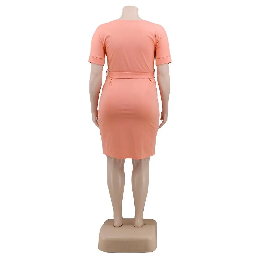 

4XL 5XL Plus Size Dress For Women Fat Causal Plain Orange Short Sleeve Summer Sashes Round Neck Knee Length Dresses Midi New Hot