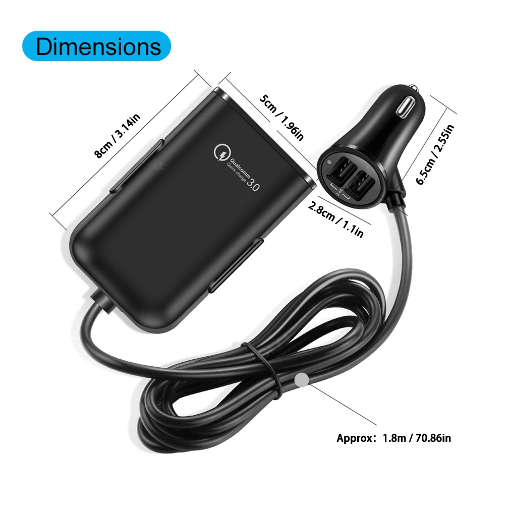 

4 Ports FAST 3.0+2.4A+3.1A USB Car Charger Universal USB Fast Adapter with 5.6ft Extension Cord Cable for MPV Car Phone