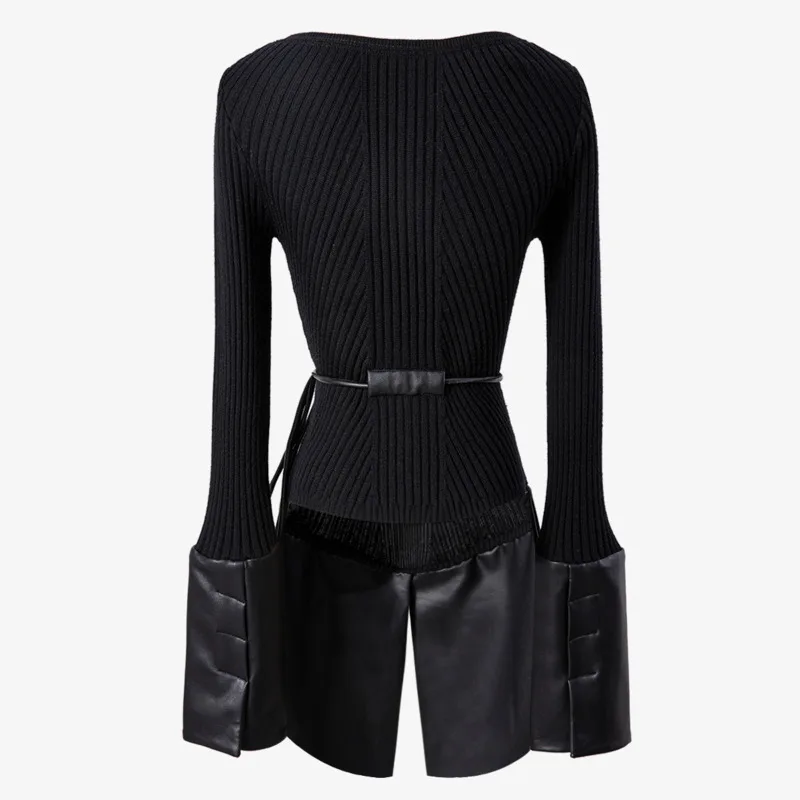 

Women Sweater Pu Patchwork Bandage Knitting Sweater Women Asymmetry Vintage Casual Flare Sleeve Knit Top Women D125