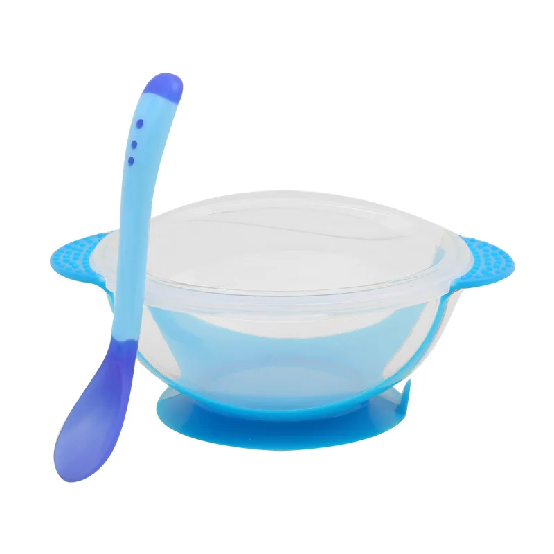 

2Pcs/set Baby Learning Dishes With Suction Cup Kids Safety Dinnerware Set Assist Bowl Temperature Sensing Spoon Fork Tableware