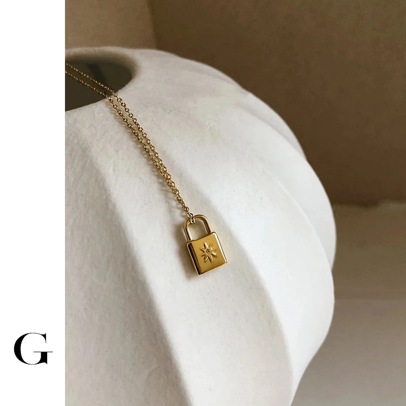 

GHIDBK Dainty Stainless Steel Little Star Cubic Zirconia Lock Charms Pendant Chokers Minimalist Street Style Neckalces Jewelry