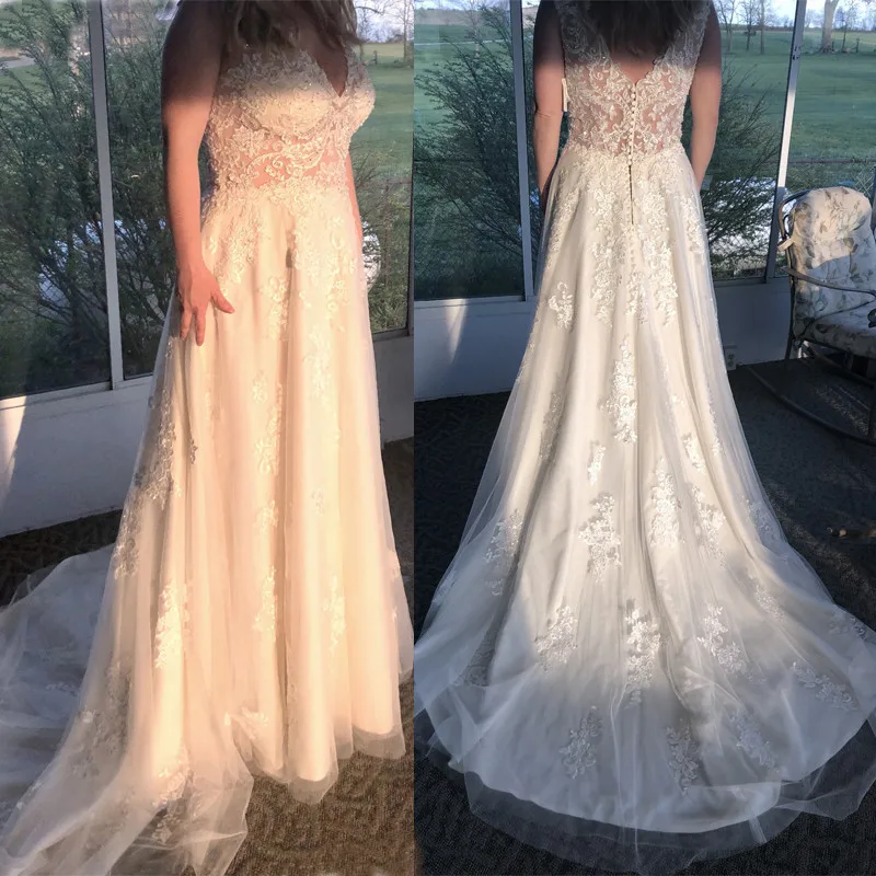 

Vestido De Noiva Princess 2020 Buttons Up Back Beading Pearls Appliques Lace Luxury Bridal Wedding Dress Boho V Neck Bride Gowns