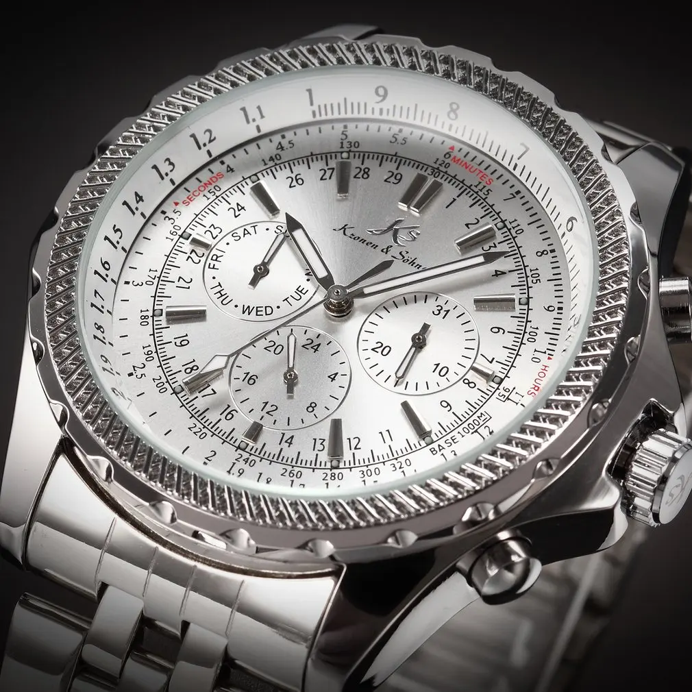 Silver KS141 Бренд Ks Королевская Роскошная Резьба Часы для Мужчины Серебряный Ремешок из Нержавеющей Стали 6 Стрелок Чёрный Циферблат Дисплей Дня Даты и 24 Часа Автоматические Механические Мужские Наручные Часы / KS140 - Цвет: Silver KS141