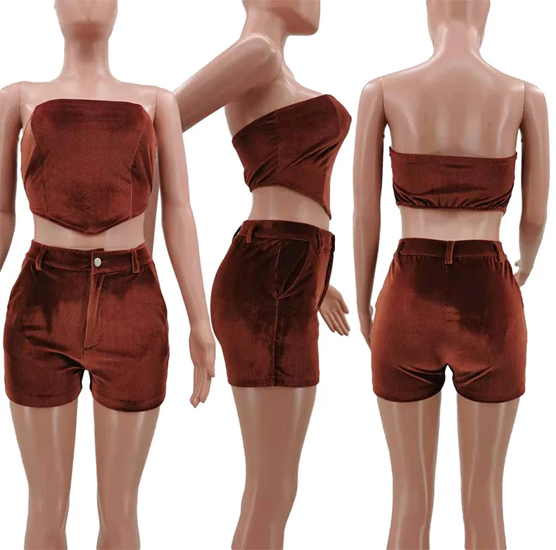 

Women Corduroy 2 Piece Set Slash Neck Tank Top + Zipper Fly Biker Shorts 2021 Summer Solid Color Sexy Night Club Party Outfits