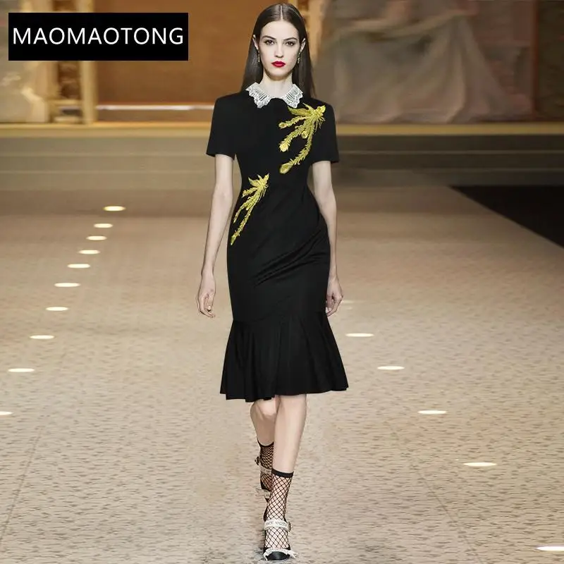 

Fashion Runway Dress Summer Women's Dress Turn-down Collar Embroidery Beading Slim Package Hip Mermaid Dress