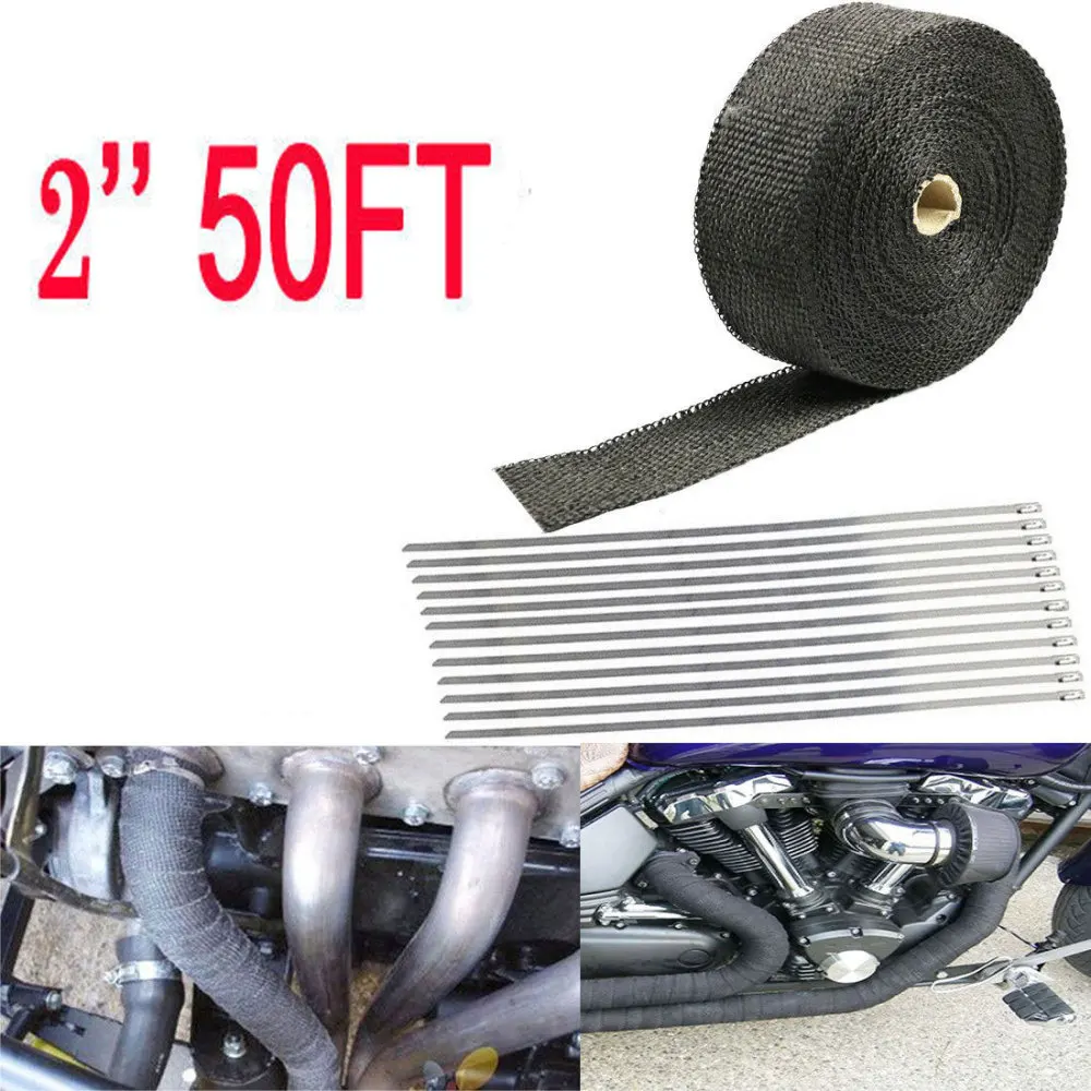 

1.5mm*50mm*15m Exhaust Heat Wrap Roll for Motorcycle Fiberglass Heat Shield Tape with 10pcs 30cm Stainless Ties (Black)