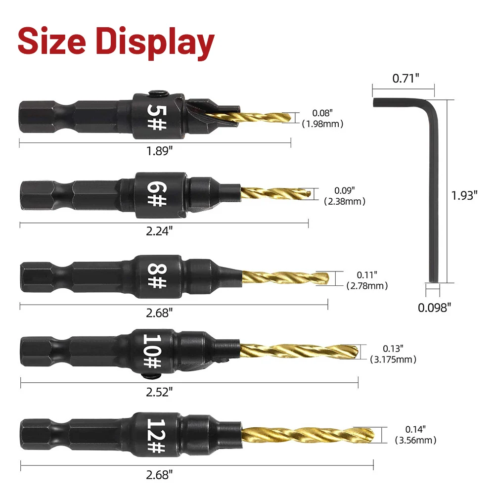Набор сверл с зенковкой по дереву Максимальный крутящий момент 5 шт. Регулируемая