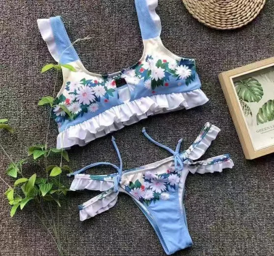 

2019 New Style Bikini Europe And America Hot Selling Flounced Printed Bikini WOMEN'S Seperated Swimwear Two-Piece Set