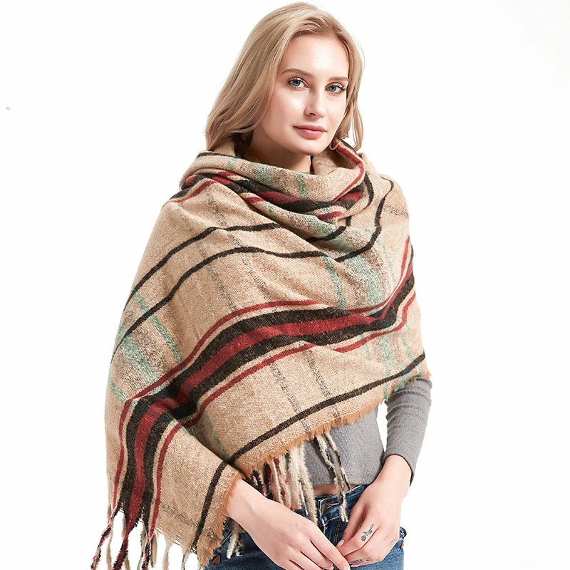 

New arrival Fashion tassel Scarf Autumn and winter Plaid comfortable elegant vintage thick warm cute knit bouncy long scarf
