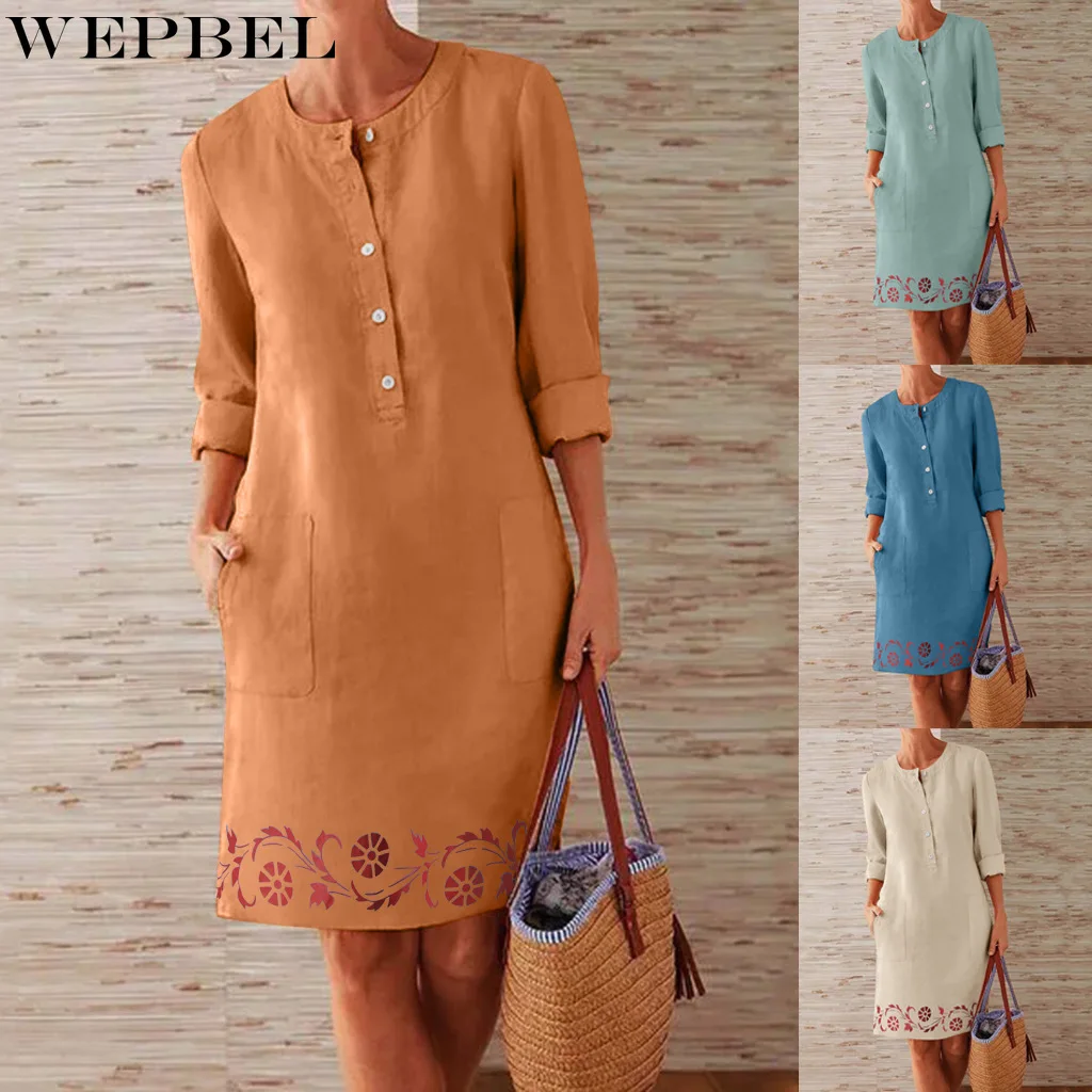 

WEPBEL Spring and Autumn Fashion Printed Solid Color Slim Dress Women's Casual Long Sleeve O-Neck Single-Breasted Dress