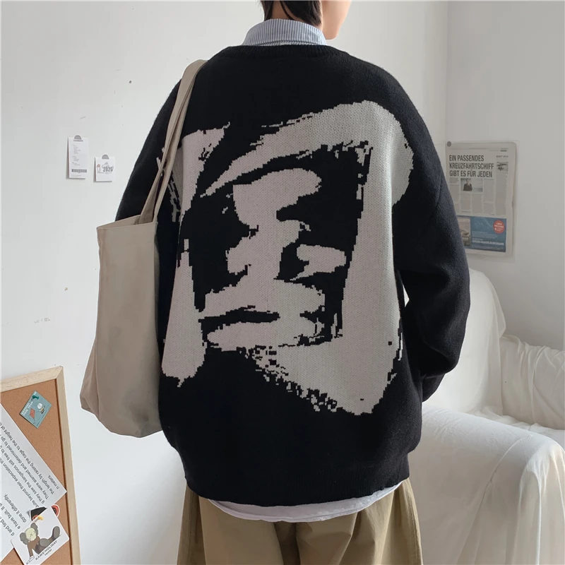 

Men Pullovers Letter Chinese Style Knitwear Harajuku Students Unisex Baggy Oversize XXL O-neck Fashion Sweaters Street Wear Chic
