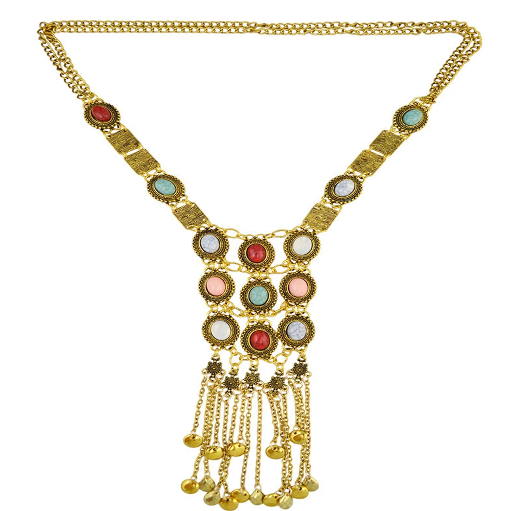 

Bohemian Vintage Long Tassel Pendant Necklace Turquoise Metal Chain Women Personality Sweater Chain Jewelry s