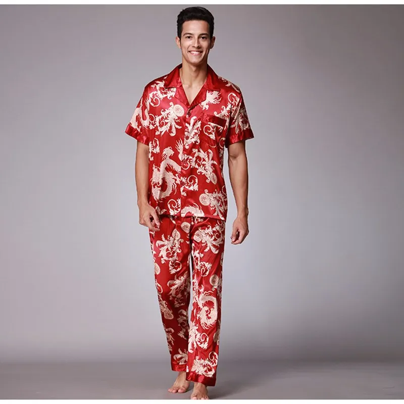 2020 Men's Stain Silk Pajama Sets Homewear pijama verano hombre homme Short Sleeve Trousers Summer Sleepwear Sexy Nightwear Men
