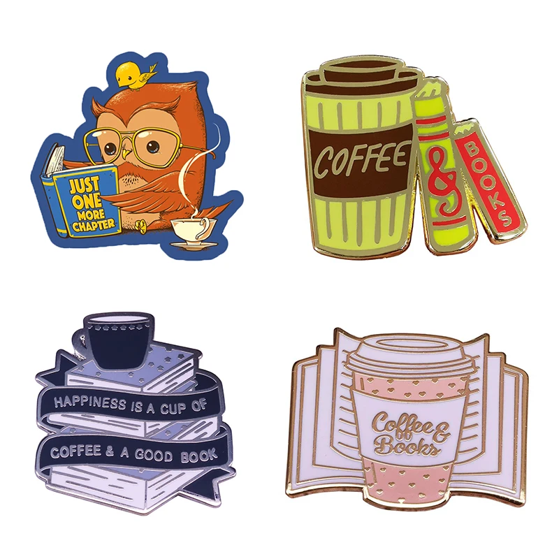 Брошь на булавке в виде книги с изображением кофе и времени чтения|Броши| |