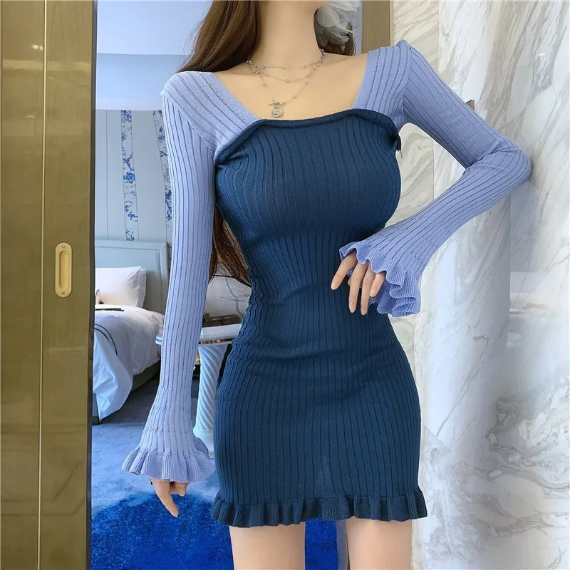 

Fashion Colorblock Elegant Flare Sleeve Mini Dress 2021 Women Sexy Bow Backless Slim Elastic Knitted Bodycon Dresses Vestidos