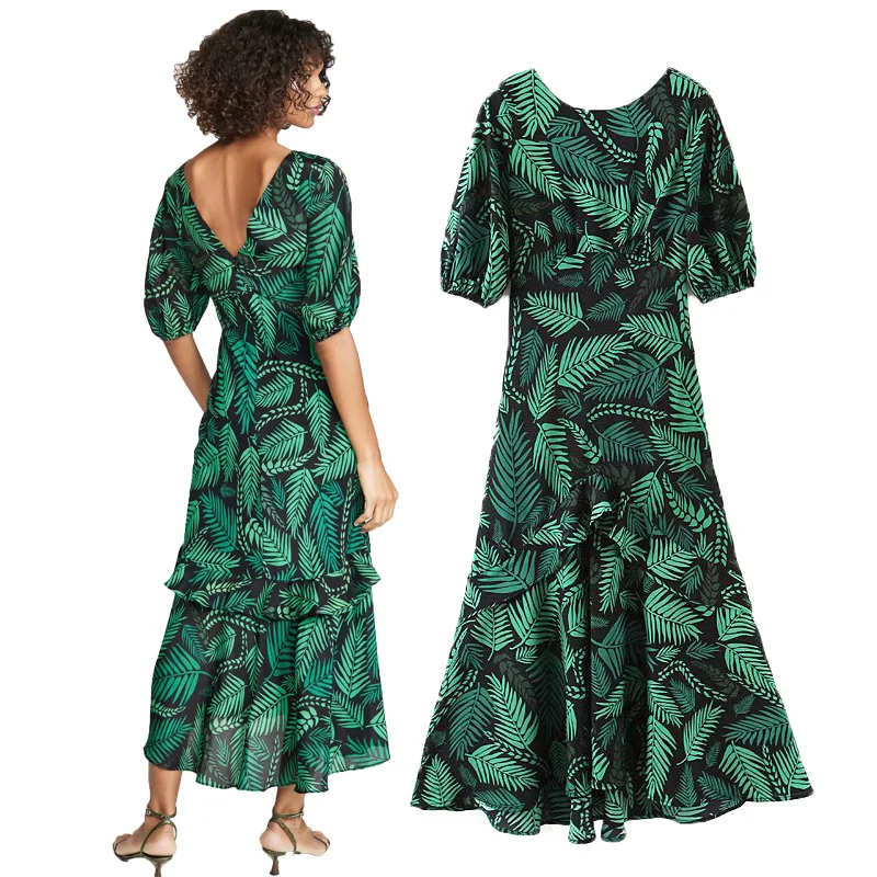Женское элегантное шифоновое платье средней длины с принтом зеленых листьев