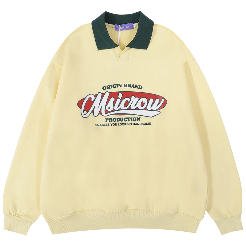 

Mens POLO Collar Long Sleeve Fleece Pullover Unisex Oversize Yellow Loose Sweatshirt Tops 2021 Winter Letter Printed Sweatshirts