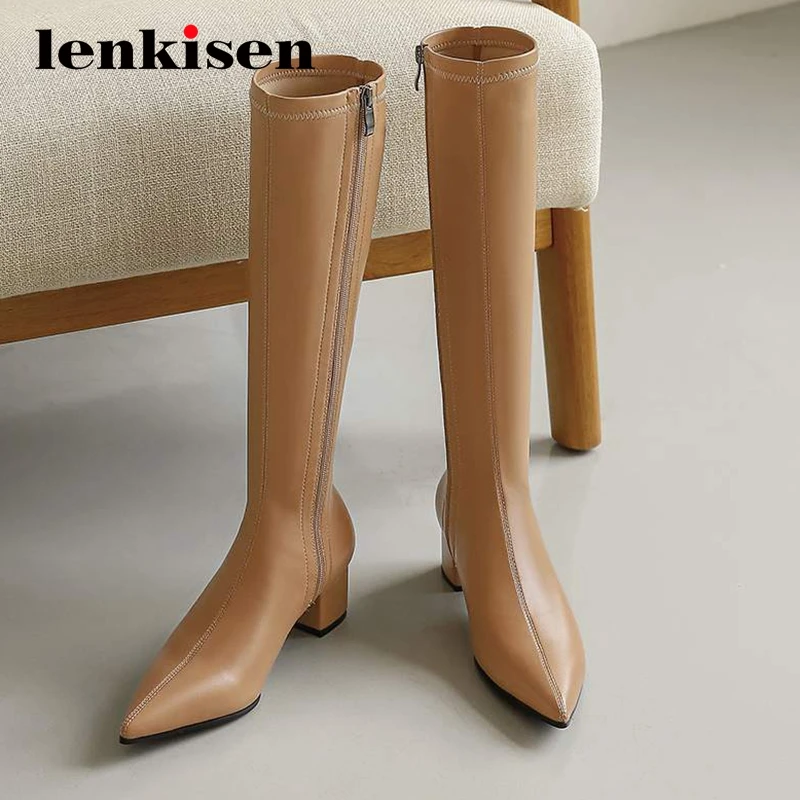 

Lenkisen new riding boots streetwear high quality pointed toe med square heels zipper office lady daily wear knee high boots L72