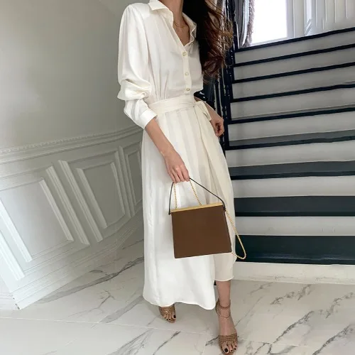 

New 2021 Spring Autumn Shirt Dress Women Elegant Single-breasted Lapel Tie Long Pleated Dress Woman Vintage Bandage Office Dress