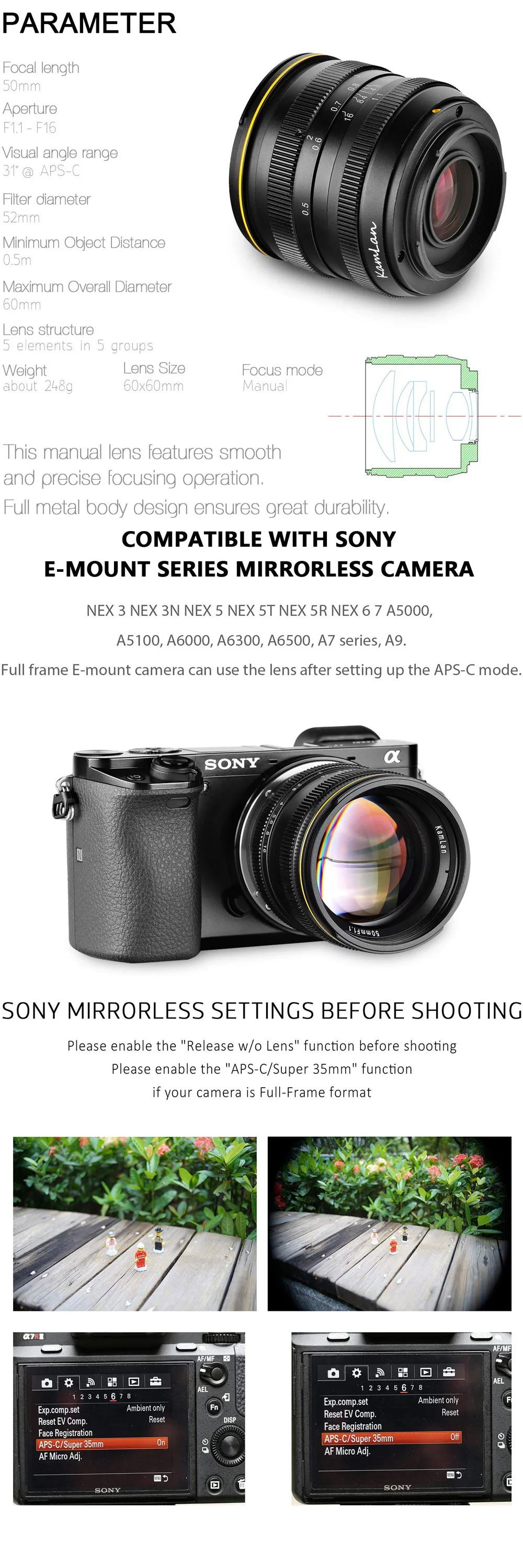 Kamlan 50 мм F1.1 APS-C объектив с большой апертурой ручной фокусировки для камеры sony E-Mount