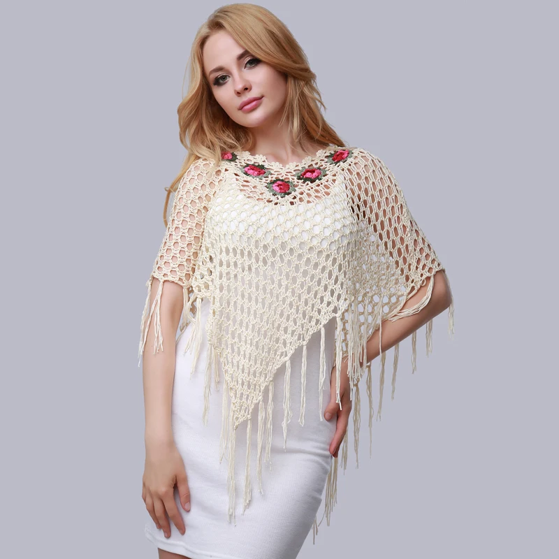 Summer Women High-grade Crochet Hook Flower Fringed Cloak Knitting Hollow Out Female Irregular Shawl Top | Женская одежда