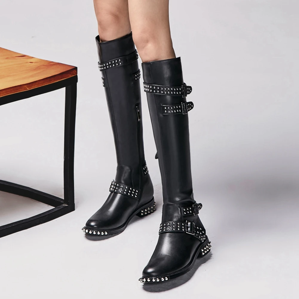 

Brand New Fashionable Winter Shoes Boots Big Size 43 Cool Rivets Genuine Leather Buckles Knee High Riding Boots Women