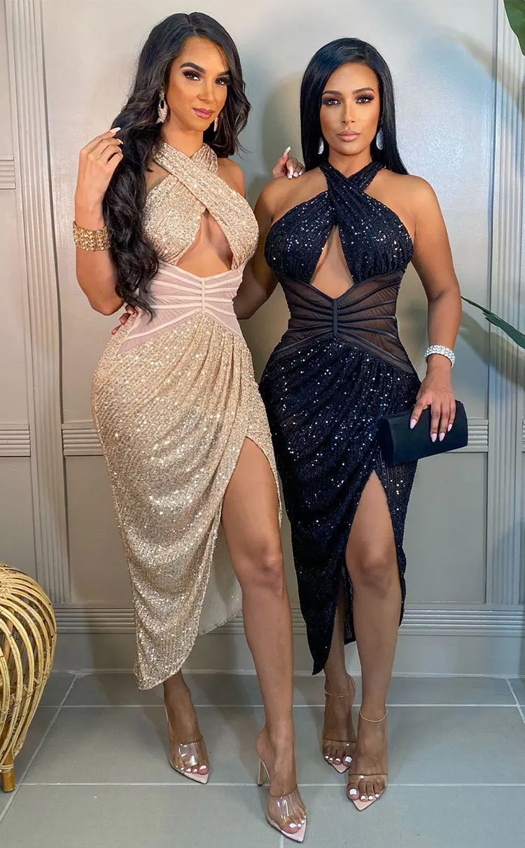 

Aniow Glitter Luxurious Sequin Halter Party Dress Sexy Cross Backless Split Midi Dresses Sleeveless Birthday Vestidos Robe 2022