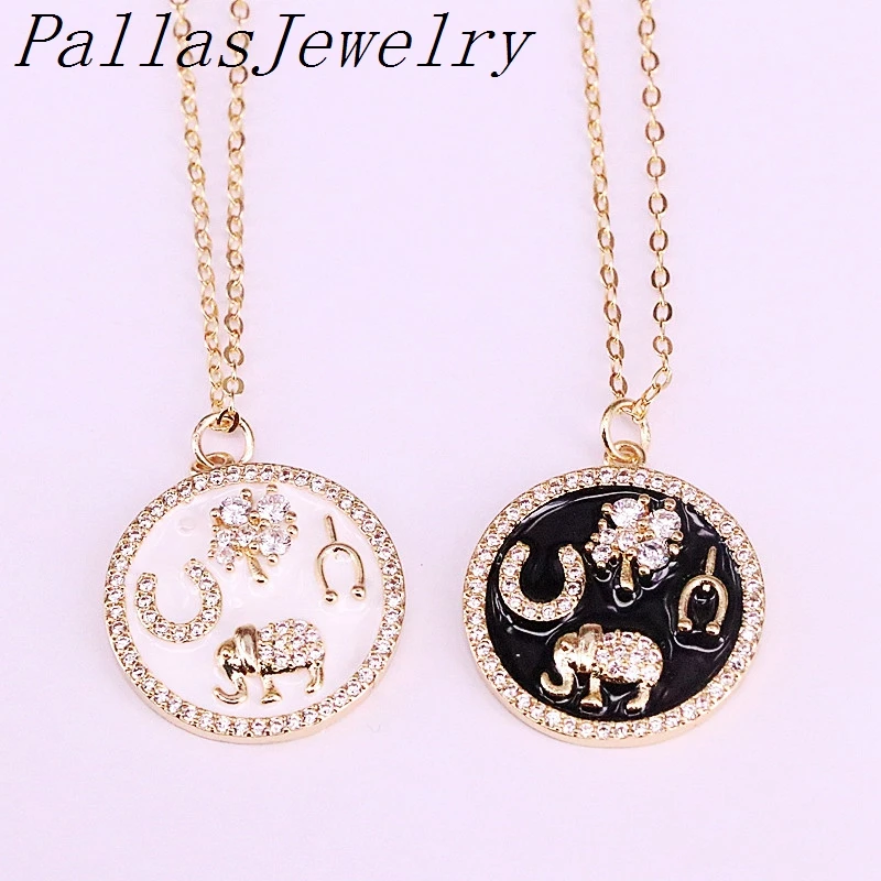 

10Pcs 2019 New Jewelry Gold Color Necklace Pave Cz Black/White Color Enamel Round Pendant Necklaces For Women