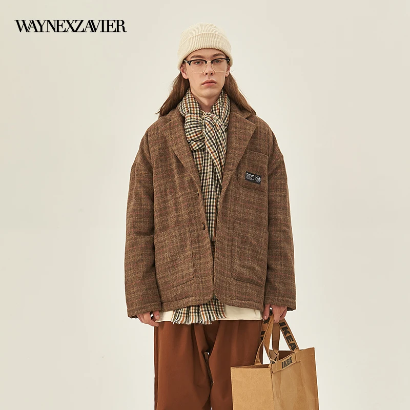 

WAYNEXZAVIER 2021 Зимняя Новая Винтажная деловая куртка большого размера мужская одежда Повседневный костюм Корейская мода плюшевая куртка WZ21D7466