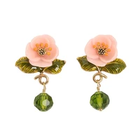 european and american fashion hand painted craft enamel glaze pink resin flower stud earrings green leaf glass crystal earrings