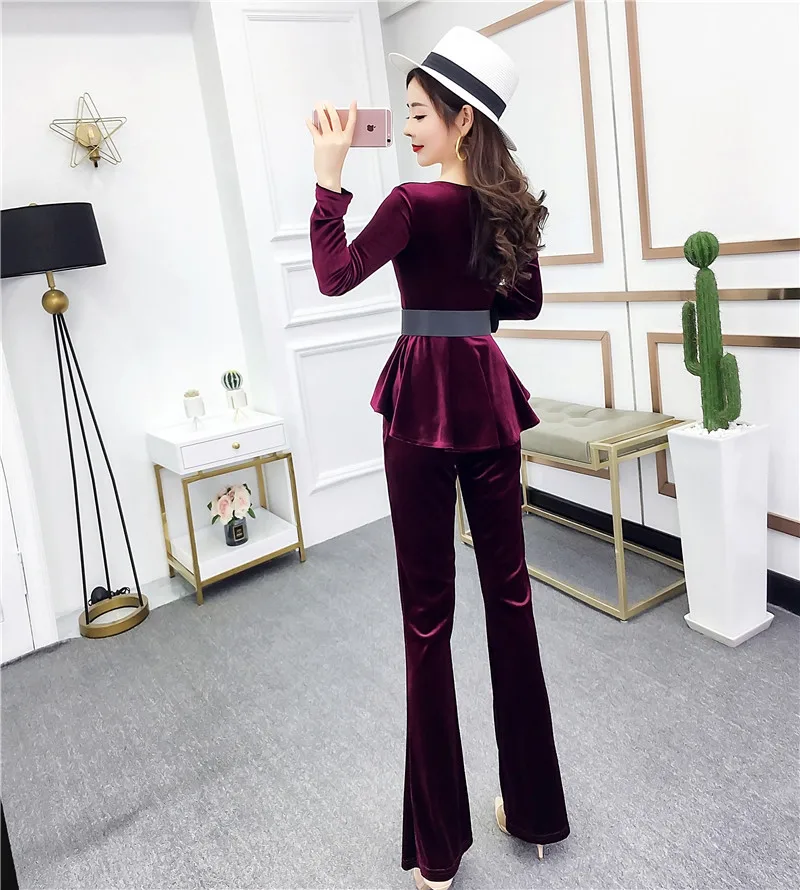 

New Fall Pleuche V-Neck Long-Sleeve Blouse High Waist Belt Pants Split Two Pcs Suit Vogue Fashion Velvet Outfit Leisure Clothes