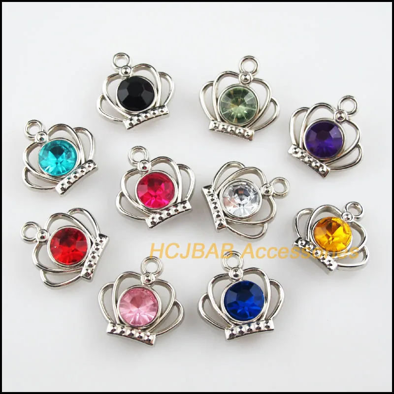 

30 New Crown Charms Dull Silver Plated Mixed Crystal Pendants 19mm