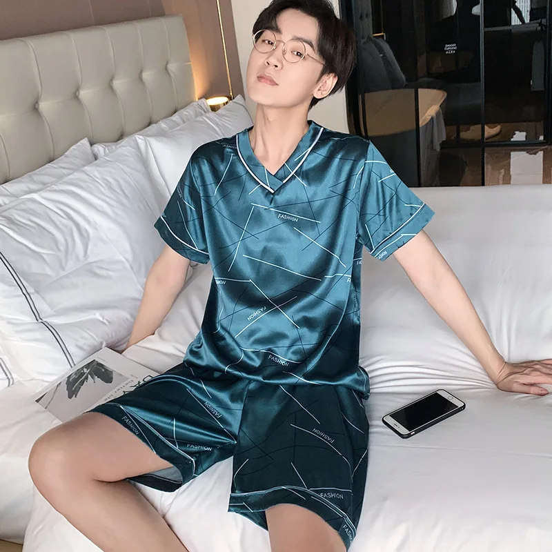 (Top + Pants) Men's Ice Silk Short Sleeve Pajamas Suit Casual Comfortable Trend Printing Loose Thin Lapel Cardigan Home Service