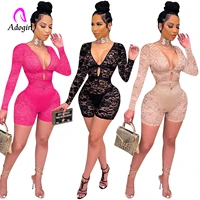 see through women skinny rompers nude solid hollow out lace up playsuit 2021 autumn long sleeve sexy club party one piece outfit