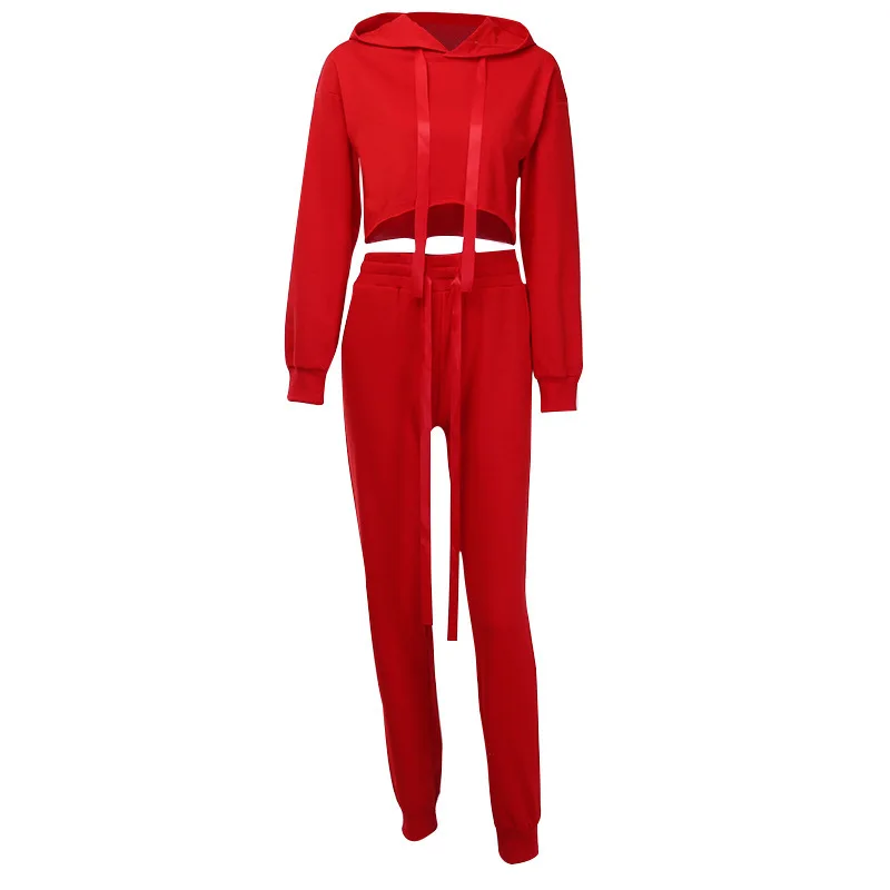 Повседневное красные спортивные костюмы женский комплект 2 шт. свободные кроп