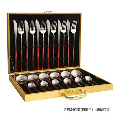 24pcs with giftbox Черный золотой набор столовых приборов 24 столовых приборов набор 18/10 из нержавеющей стали столовая вилка и нож белый золотой набор столовых приборов розовый с деревянной подарочной коробкой - Цвет: 24pcs with giftbox
