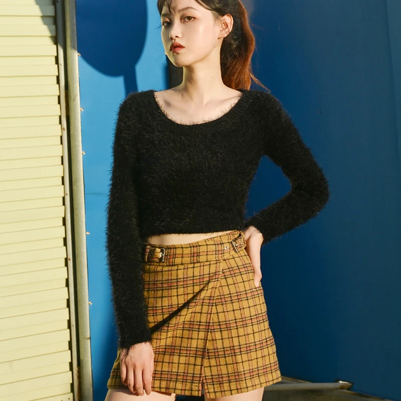 Женский облегающий эластичный короткий пушистый пупок с высокой талией пуловер