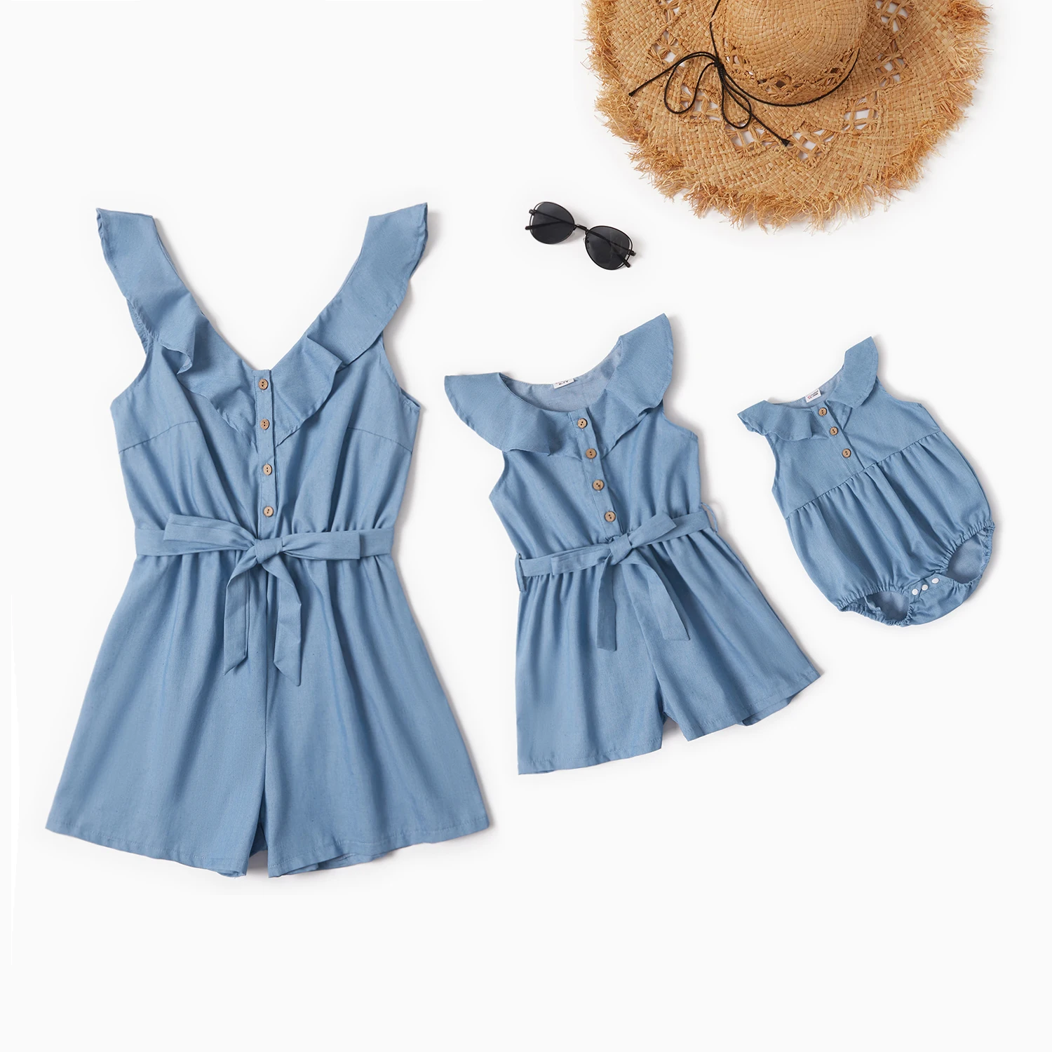 

PatPat 2021 New Summer Denim Blue Lotus Leaf Collar With Buttons Rompers for Mom and Me Woman Romper and Girl Clothes